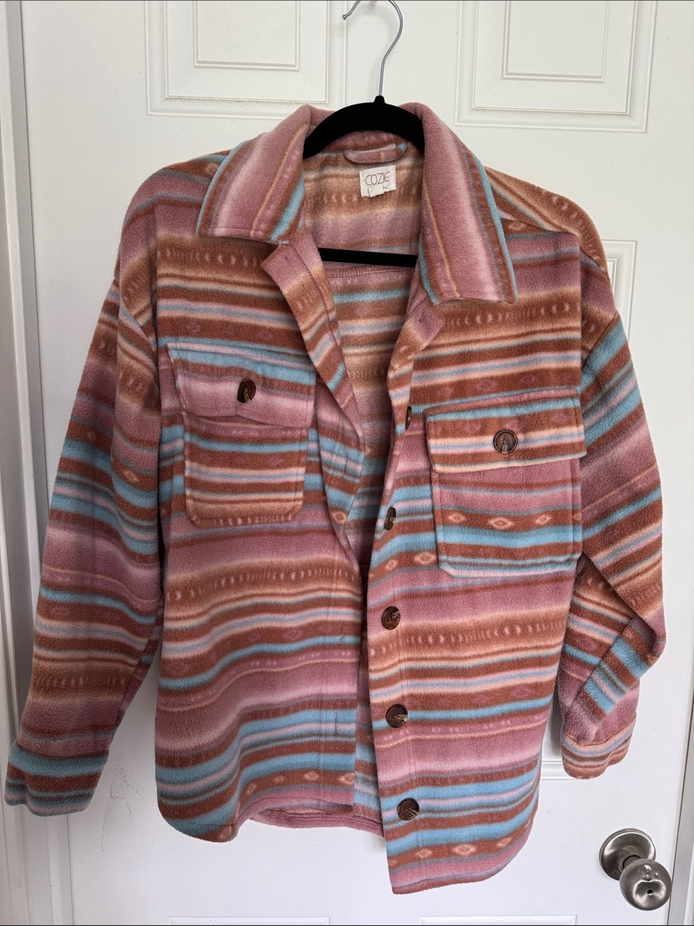 Pink Rose Striped Utility Shacket in Pink, Blue & Brown